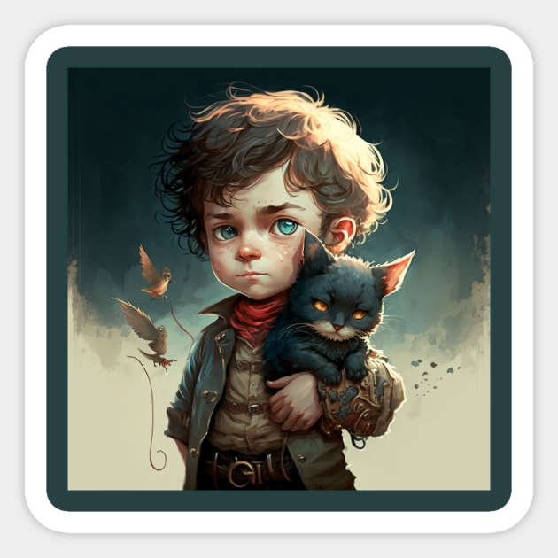 Young boy looking solemn as he holds his kitten. Sticker by Liana Campbell